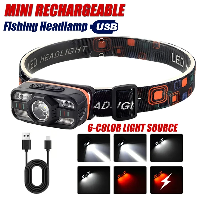 6 Lighting Modes USB Rechargeable LED Headlamp Portable Light with Built in Battery Fishing Head Torch Outdoor Camping Lantern