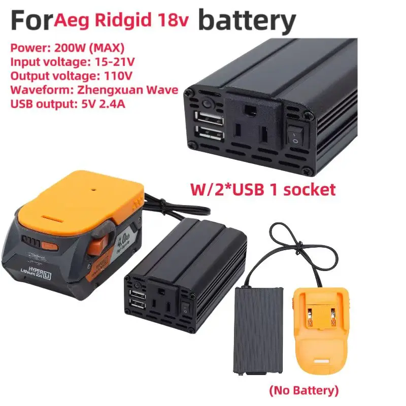 

200W Portable Power Inverter For AEG RIDGID 18V Lithium Battery DC 18V to AC 120V power Supply Compact Cordless Inverter w/USB