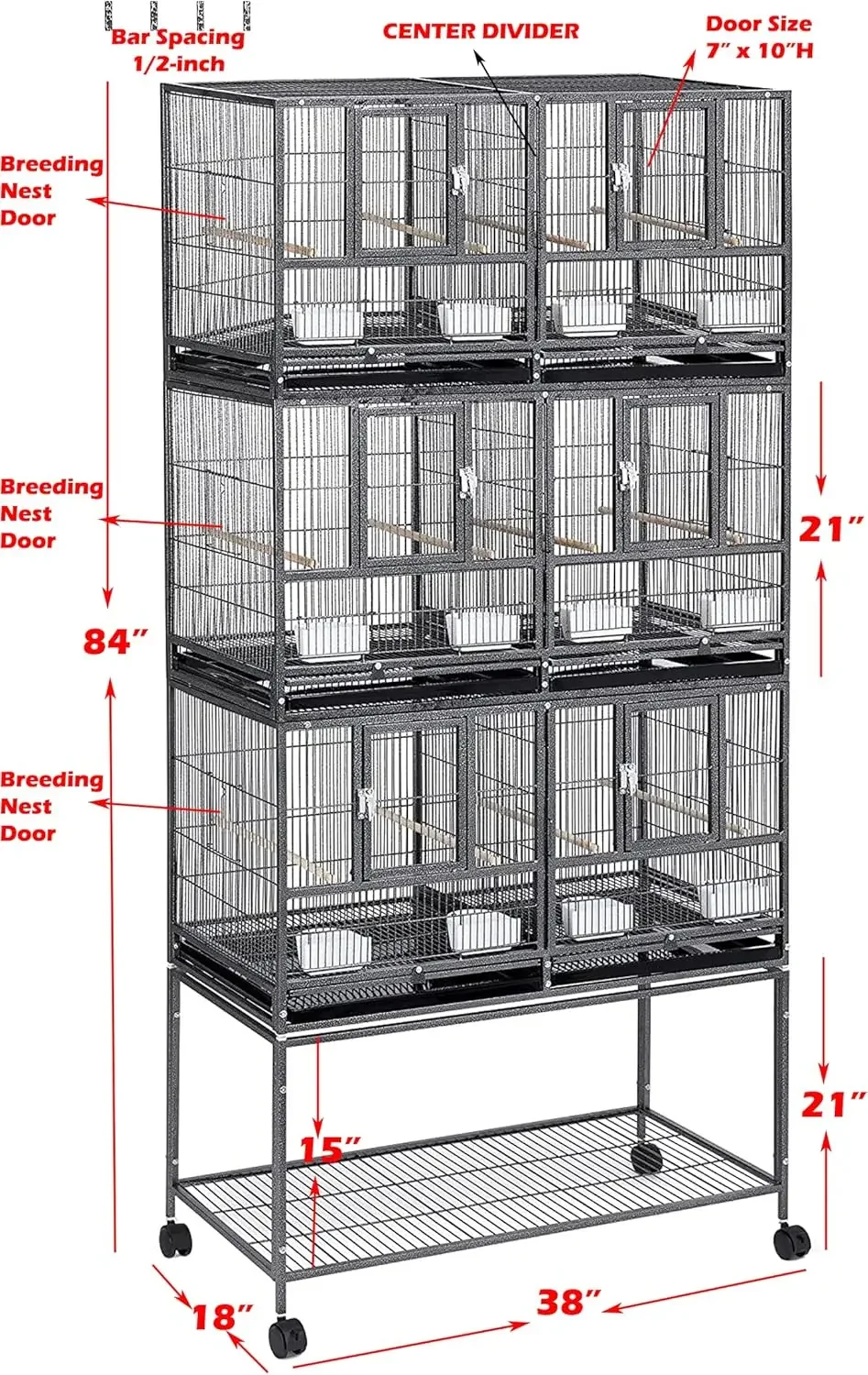 Nordic Double Rolling Cage Stackable Center Divided Breeding Bird Flight with Side Nesting Box Doors for Aviaries Canaries