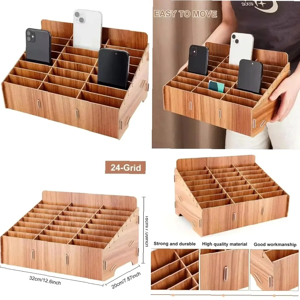 

24-Grid Wooden Cell Phone Storage Box for Office & School Supplies, Desktop Organizer for Mobile Phone Management