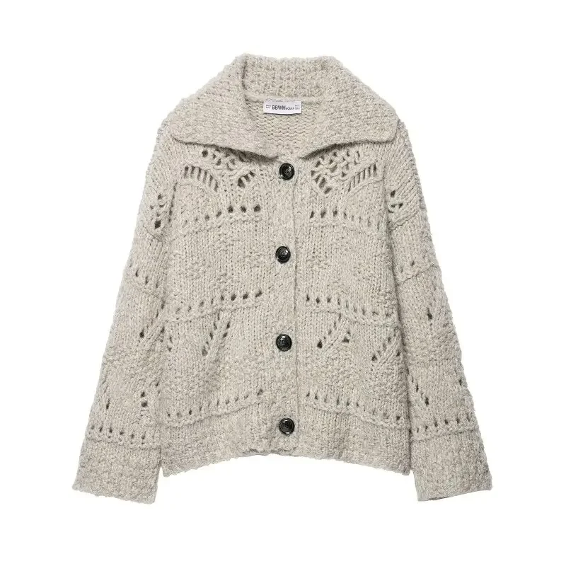 

Coarse-stitch Hollowed-out Knitted Cardigan Sweater Button Warm Loose Coat Tops Long Sleeves Simple Casual Lady Streetwear
