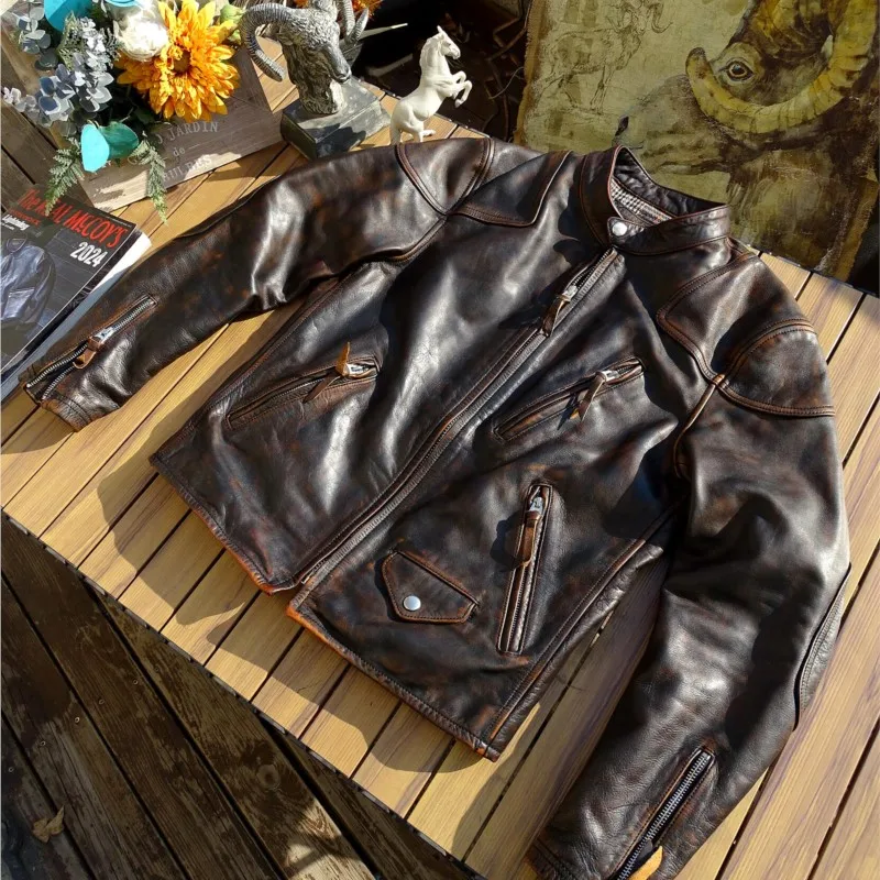 

Hand-polished old vegetable-tanned tea core leather coat