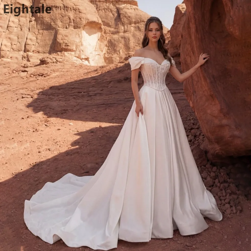 Eightale 2026 Elegant Satin A Line Ivory Off Shoulder Lace Bodice Wedding Dresses Bridal Gowns Robe De Mariage Customized
