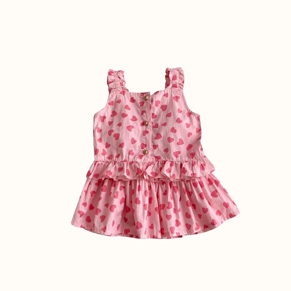 Girls Half Skirts Set 2024 Summer New Girl\' Baby Sweet Love Print Sleeveless Tank Top A-line Loose Skirt Two Piece Suit