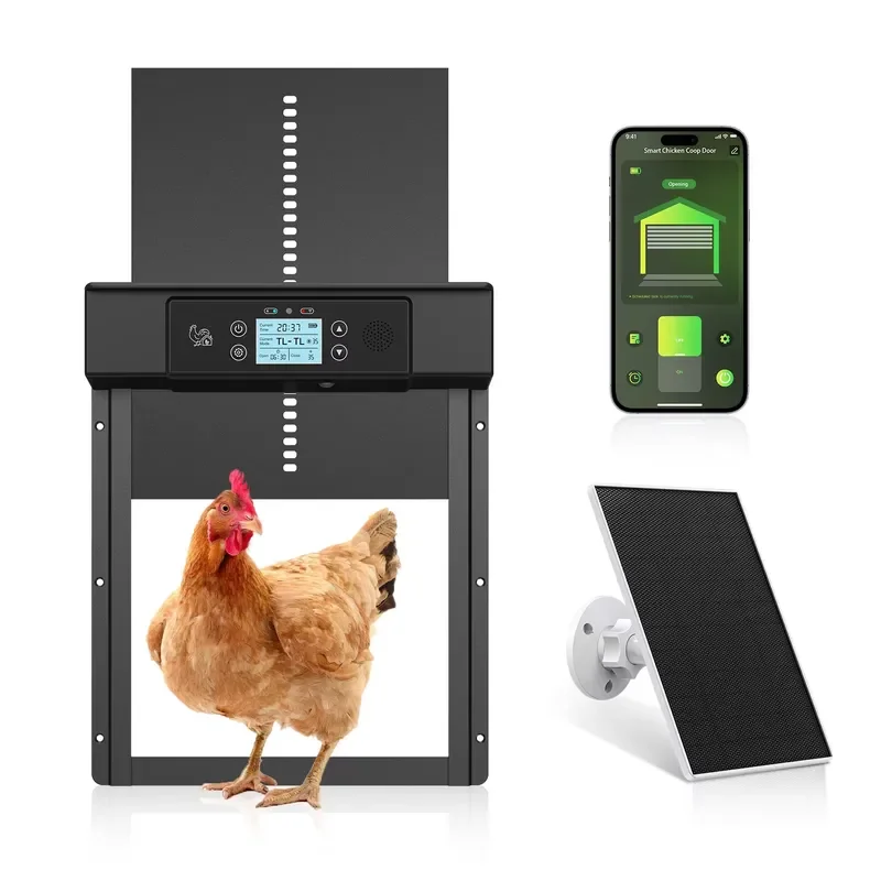 Smart Automatic Modern Waterproof Aluminum Chicken Coop Door Opener with WiFi Solar Light Sensor Timer & Anti-Pinch Safety