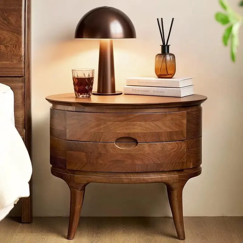 Custom Solid Wood Oval Bedside Table Curved 2 Drawer Nightstand Luxury Hotel Wooden Coffee Table