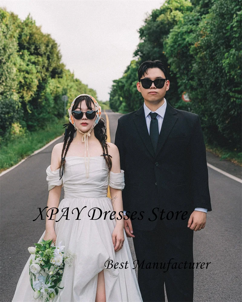 Xpay elegante seda tafetá uma linha vestidos de casamento coreia sessão de fotos mangas curtas país vestidos de noiva espartilho volta personalizado