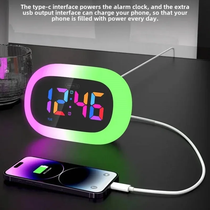 Touch Colorful Charger Alarm Clock With Atmosphere RGB Night Light Multiple Sleep Aid For Children Student Sleep Companion Alarm