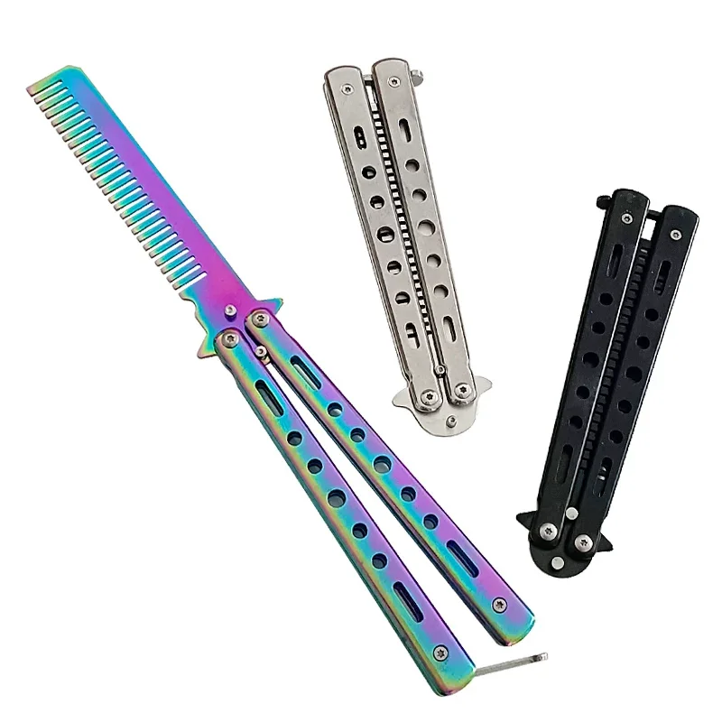 Foldable Comb Stainless Steel Practice Training Butterfly Knife Comb Beard Moustache Brushe Salon Hairdressing Styling Tool