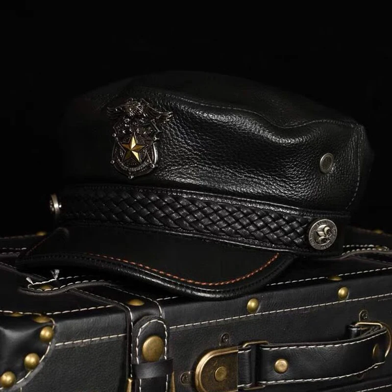 Exclusive Retro Military Cap Man Genuine Leather Flat Top Hat Korean Fashion Eagle Mark Braid Leather Punk Locomotive Casquette