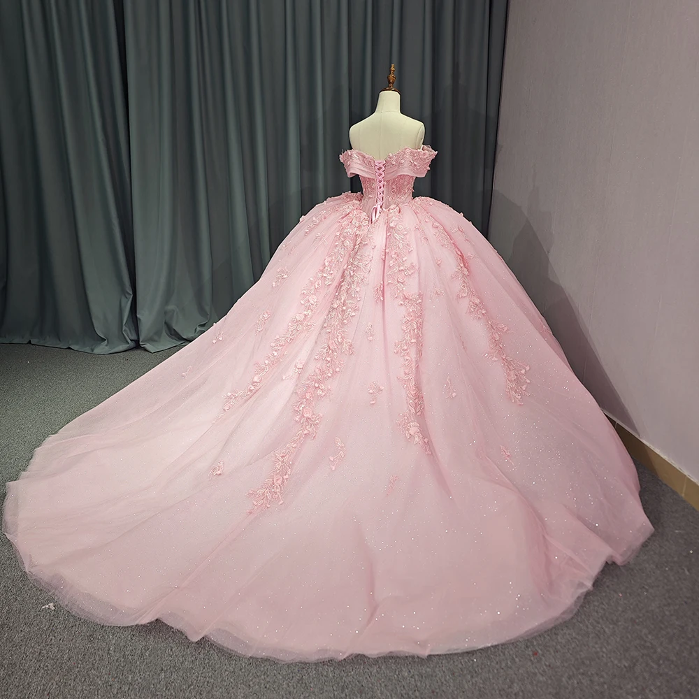 Elegant Pink Blush Quinceanera Dresses Floral 15 Dresses Ball Gown Off The Shoulder Puffy Quinceanera Dresses 6790