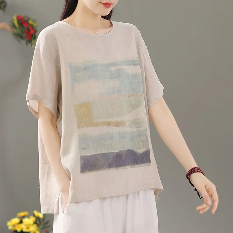 T-shirt a maniche corte con o-collo in cotone e lino con stampa artistica tie-dye bianca Camicetta da donna Camicia Moda coreana Abbigliamento femminile Top