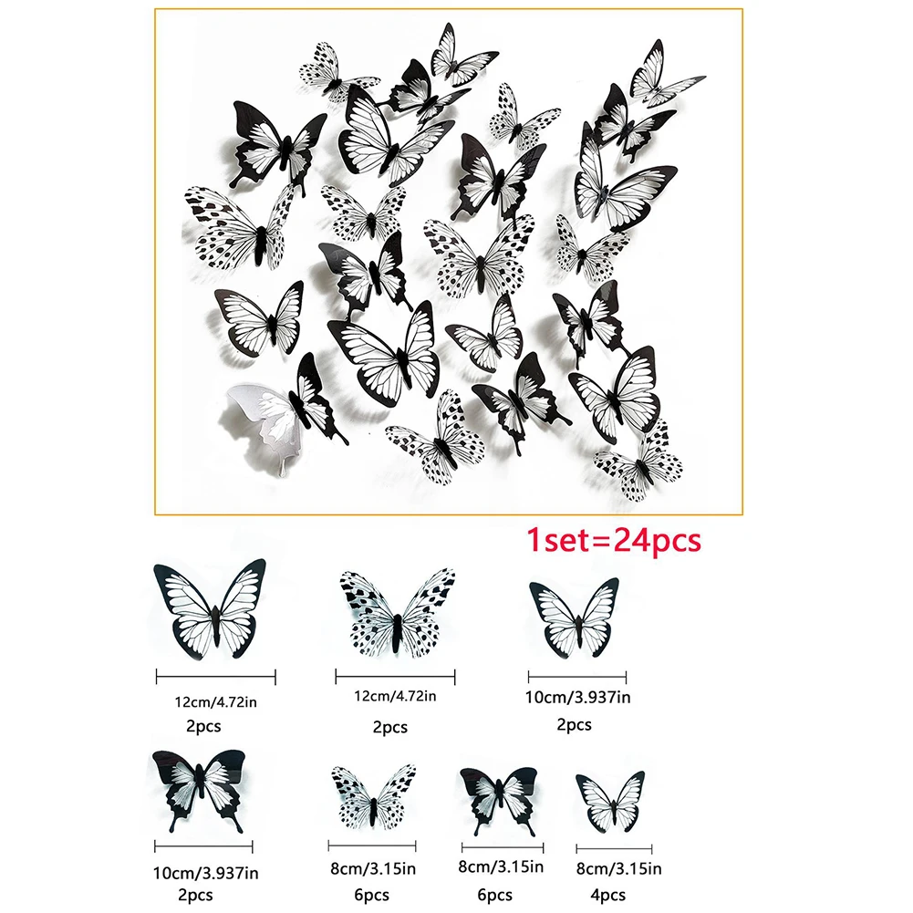 12/24PCS Wall Stickers Sticker Bedroom 12/10/8 3D Butterfly Accessories Black Outdoor Garden Balcony Home Decoration Wedding