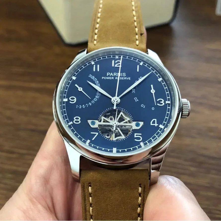 2025 New 43mm Parnis Skeleton Automatic Mechanical Men Watch Silver Case Power Reserve Tourbillon Men Watches Gift reloj hombre