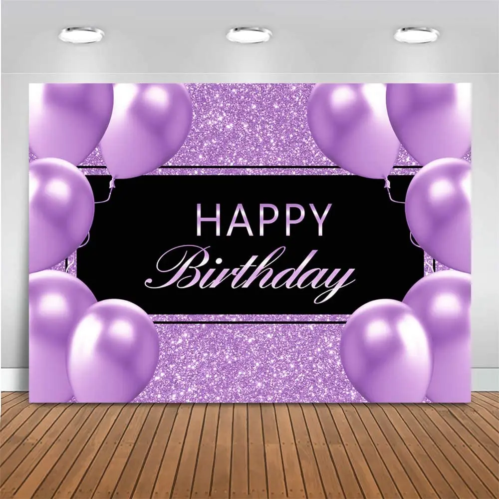 

Purple Happy Birthday Party Backdrop Purple Balloon Glitter Decor Banner Purple And Black Background Kids Adults Girl Sweet