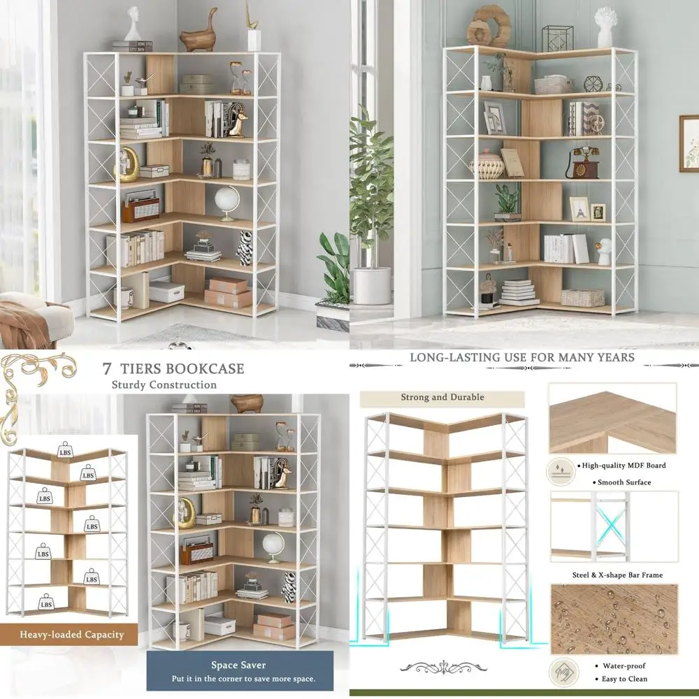 رف كتب زاوية على شكل حرف L من الخشب والمعادن 7 طبقات رف عرض على الطراز الصناعي خزانة كتب قابلة للتعديل Etagere للمكتب المنزلي