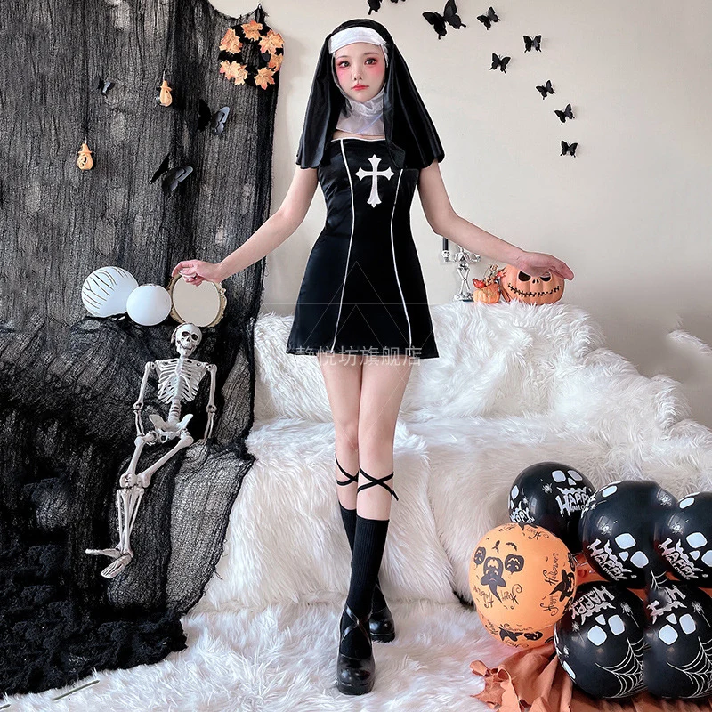 Nun Cosplay 3-delige Halloween Kostuums Voor Vrouwen Jurk Zwarte Sokken Hoofddeksels Kraagbanden Maskerade Disfraz Vestidos Anime