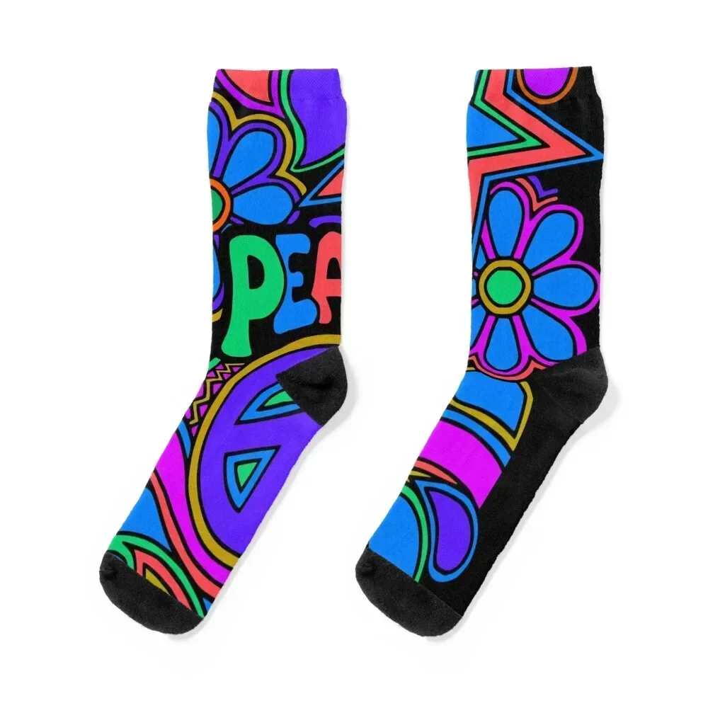 

Peace and Love Flowers and Stars Hippie Design Socks custom sports heated Man Socks Women's