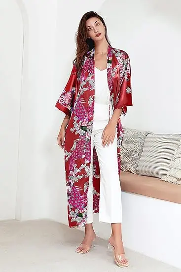 حجم كبير 3XL زهرة كيمونو البشكير ثوب المرأة رداء طويل ثوب النوم طباعة الطاووس الساتان ملابس خاصة فستان المنزل فضفاض المتسكعون