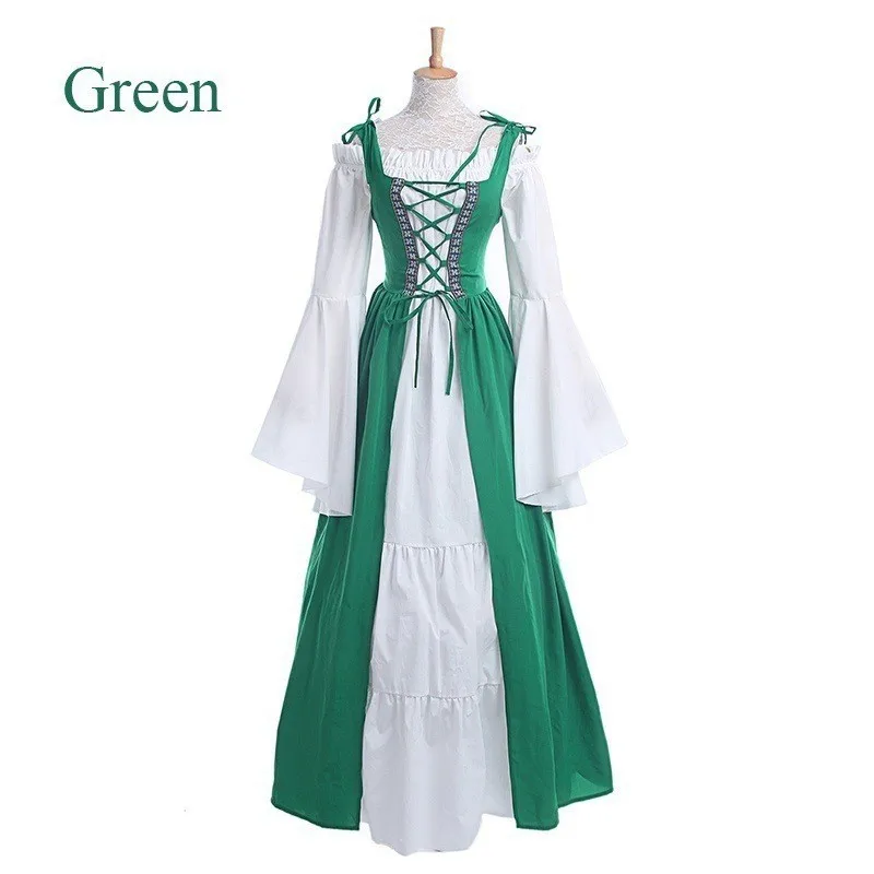 Two Set Patchwork Set Maxi Length Literary Retro with Medieval Renaissance Dress Full Swing Round Neck Square Neck Tie Waist view 3