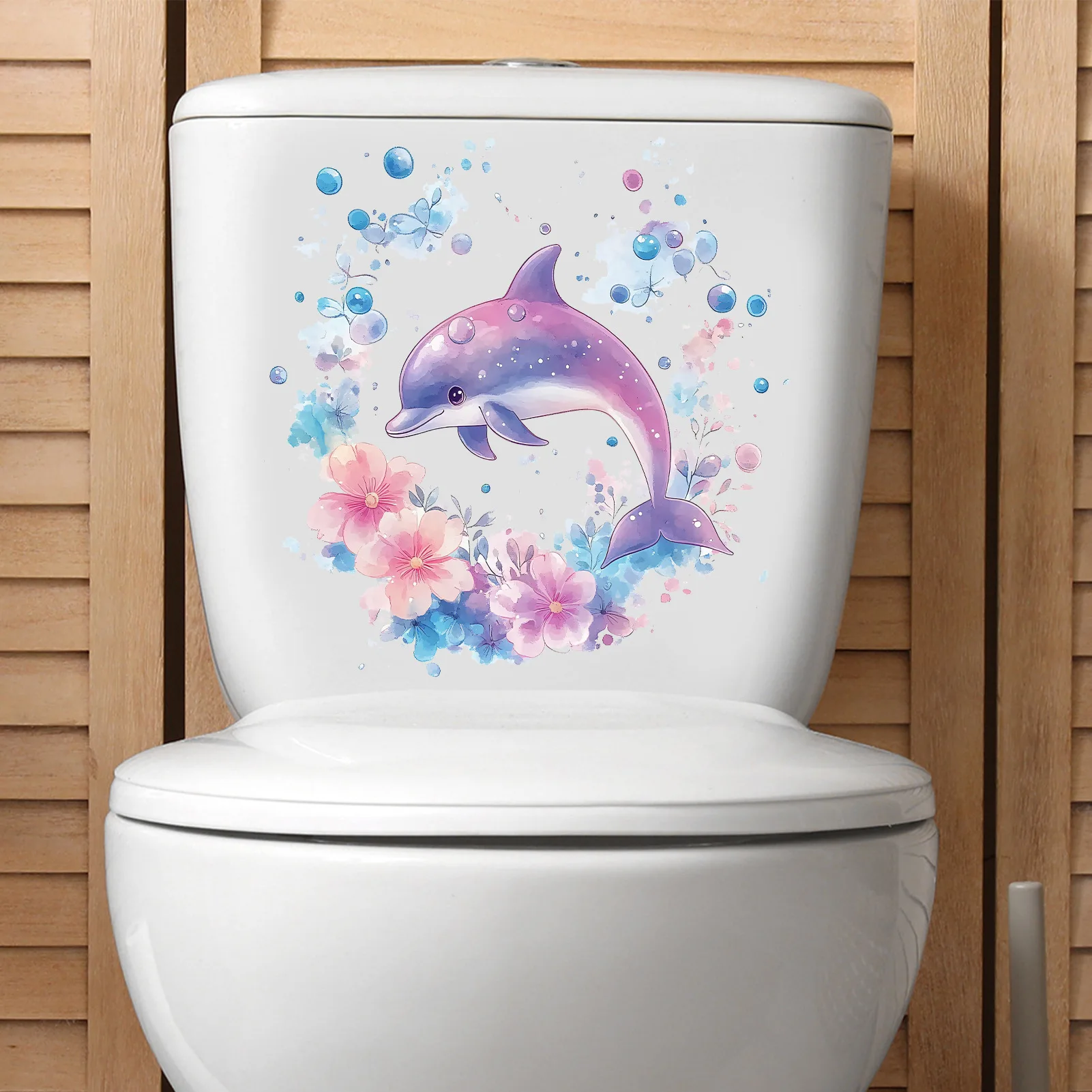 Dreamy Pink Dolphin Flower Wall Stickers Self Adhesive Waterproof Removable Decals for Living Room Bathroom Toilet Home Decor