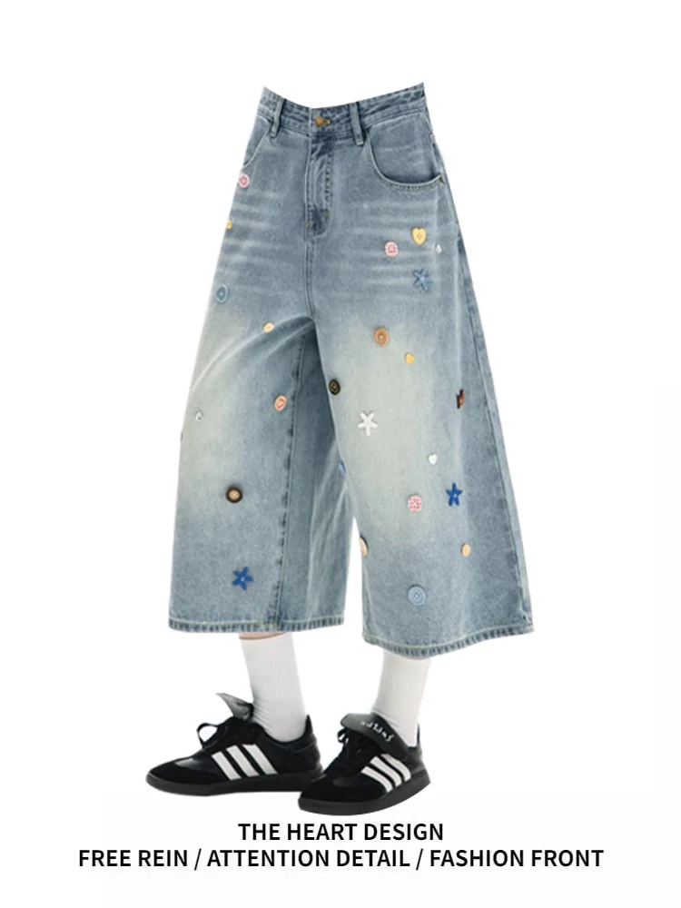 

Ретро-американские светло-голубые джинсовые шорты-бермуды для женщин, летняя новинка, широкие шорты с пуговицами