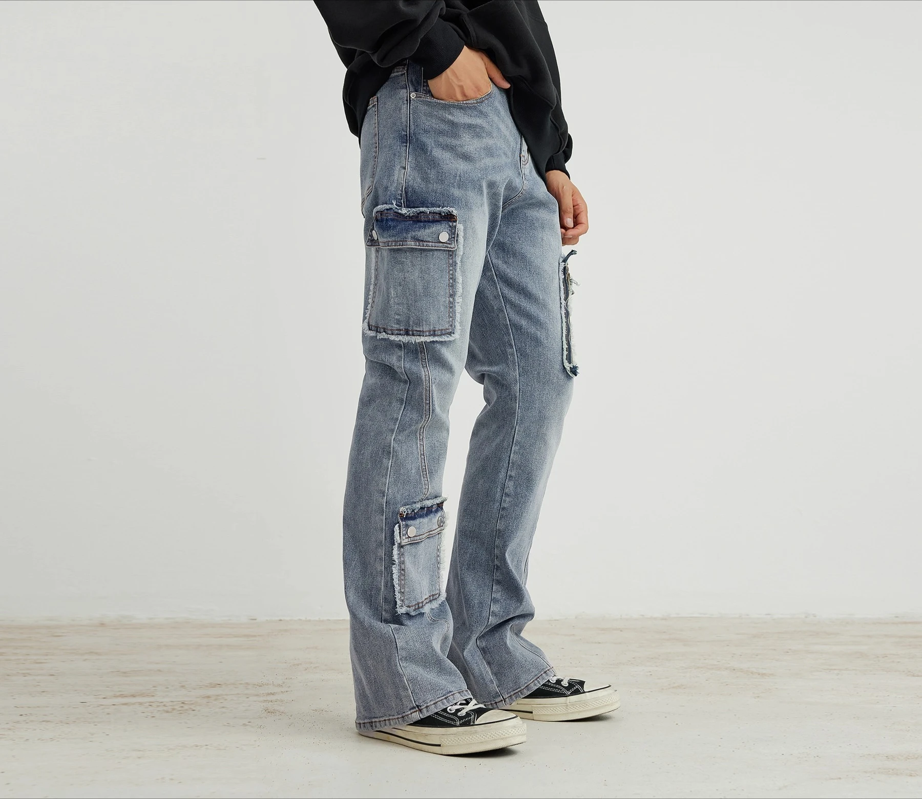 Hommes femmes 2025 quatre saisons porter nouvelle personnalité Denim pantalon ample rétro tendance Denim pantalon mode multi-poches jean évasé