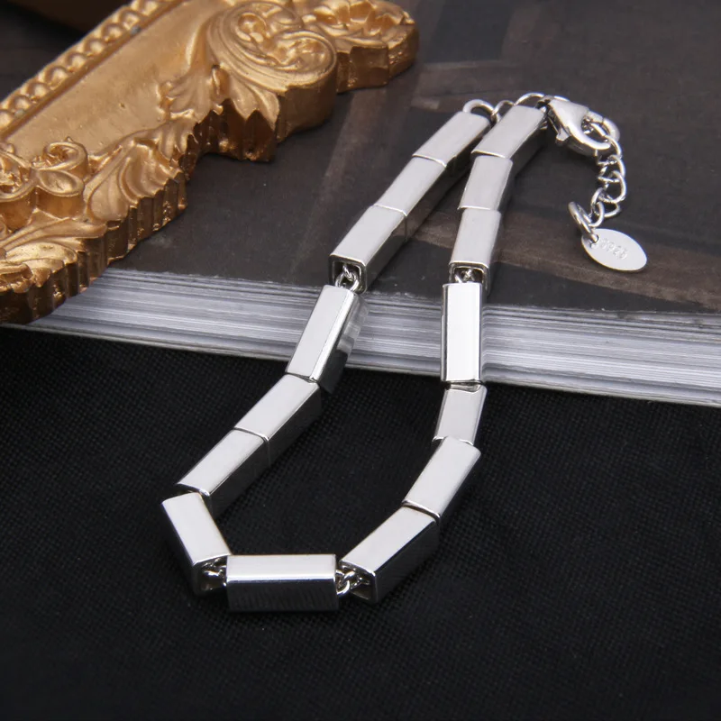 New S925 sterling silver jewelry three-dimensional square bracelet and necklace women's fashion personality Korean hip hop smoot