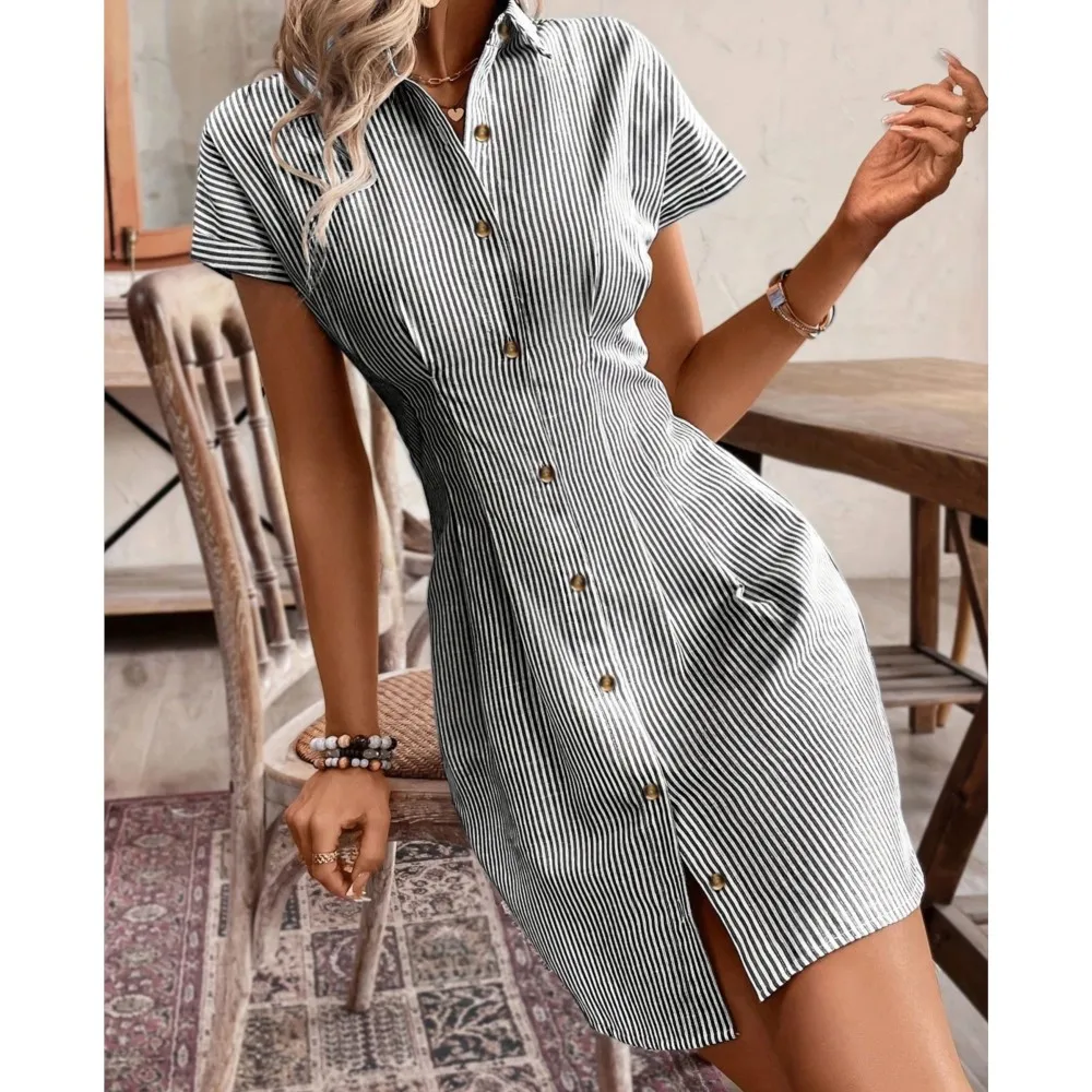 Camisa a rayas estampada de verano, vestido de manga corta para mujer, moda ajustada con cintura ceñida, caderas, cárdigan de una sola botonadura para mujer