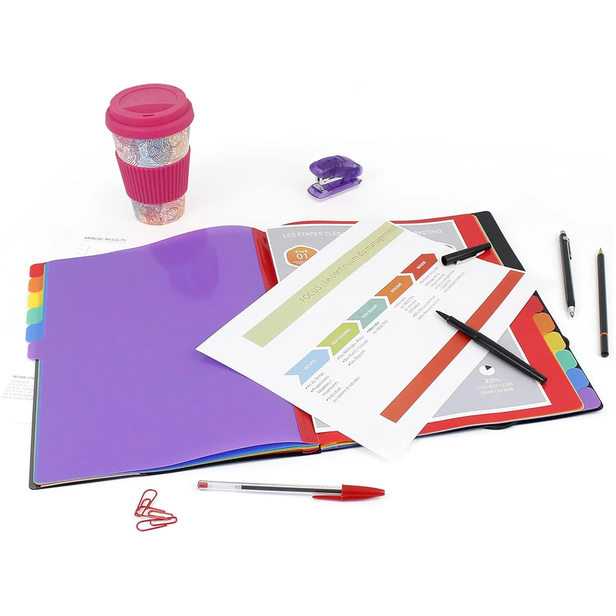 Multi-layer A4 document bag - with rainbow index labels and a color-coded calendar system for organizing office documents.