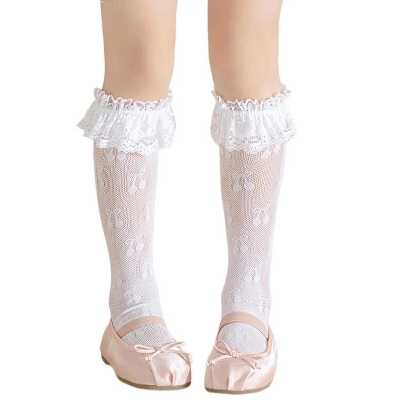 Kneehigh Socks Hollowed Fruit MidCalf Socks Kids Girl Spring Stretchy Mesh Socks for Little Girls School Dacning Socks