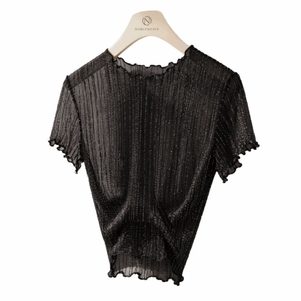 Elegant Nylon Silver Thread Lace Top Semi-sheer Mesh Fabric Lace Camisole Dress Inner Short Sleeve Elegant Sheer Blouse Women