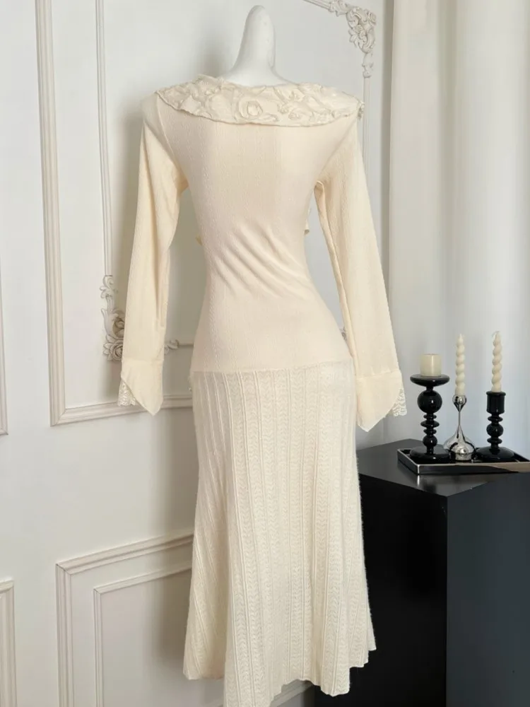 Women Autumn Spring Elegant Lace Mermaid Dres Slim Waist Vestidos Vintage Chic Evening Party Robe New