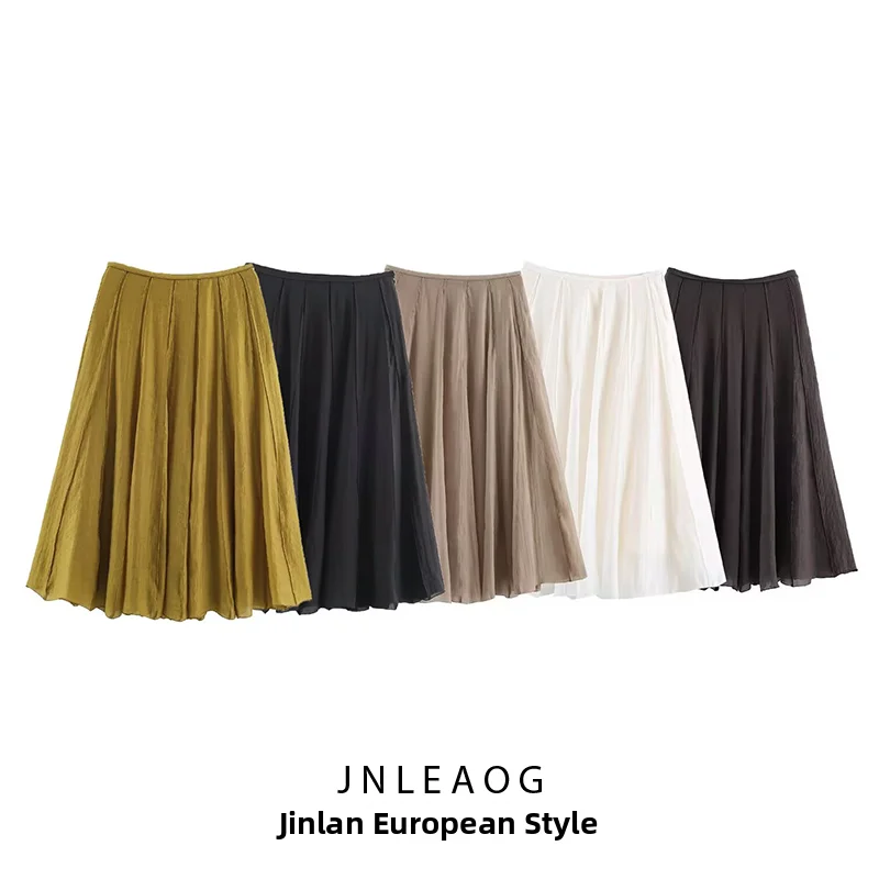JNLEAOG Summer New Women's Fashionable Versatile Design Drapey Splicing Skirt Standard Fit A-Line Midi Skirt Polyester