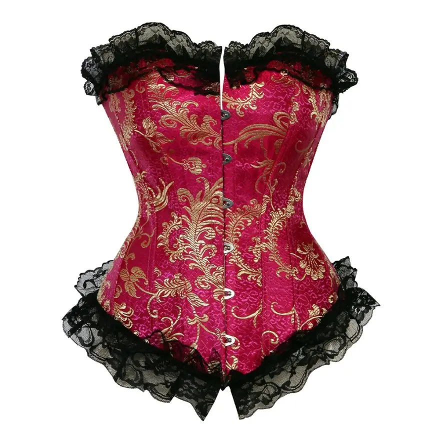 

Corset Top Sexy Women's Overbust Lingerie Plus Size Exotic Vintage Floral Lace Trim Victorian Burlesque Satin Bustier Plus Size