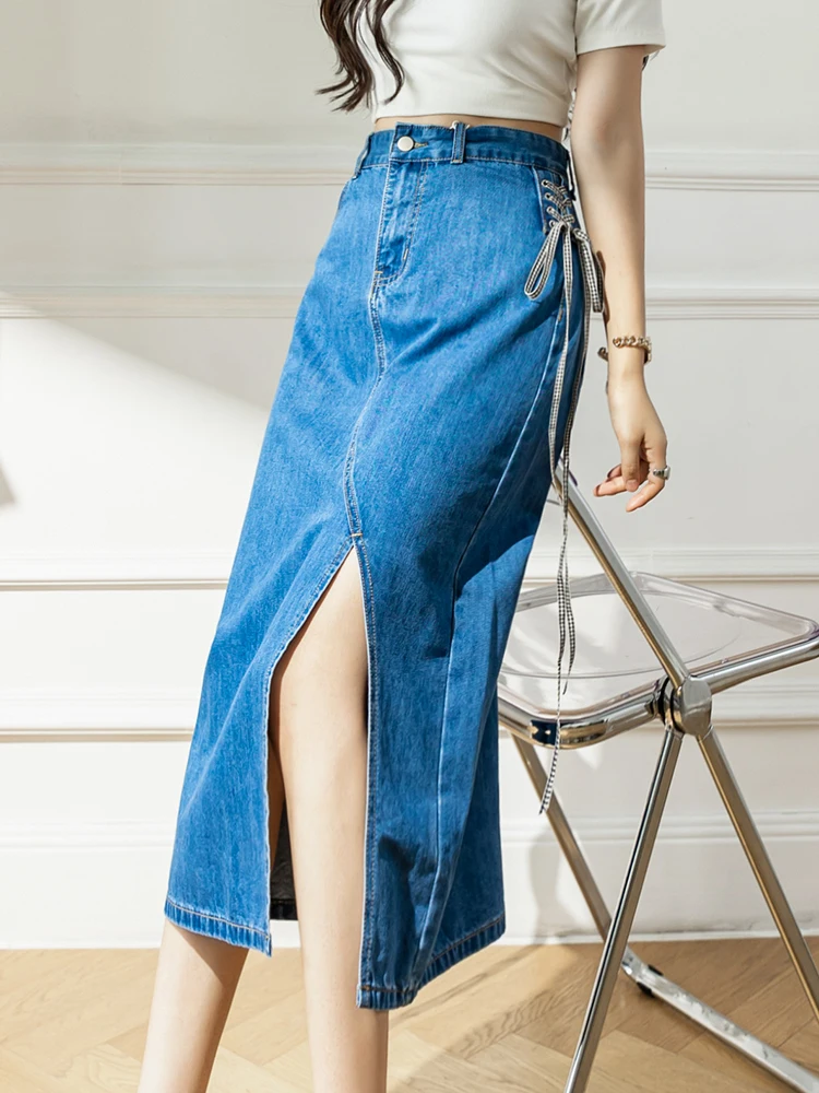 Autumn New Women Pencil Skirt High-waisted Retro Style Side Lace-Up Denim Skirt with A Slit Straight Front Split Jeans Skirts