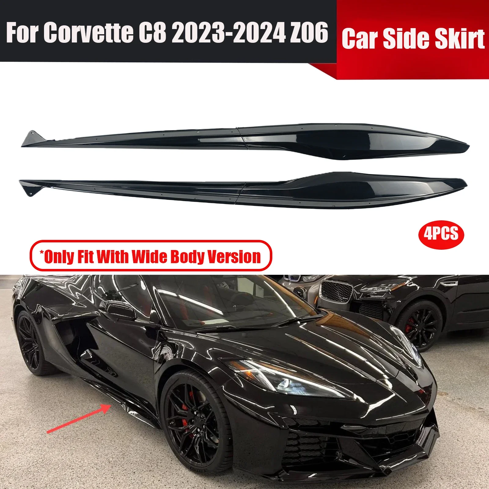 

Боковые юбки для автомобиля Corvette C8 2023-2024 Z06, 4 шт., подходят для широкоугольной версии, глянцевые черные стильные автомобильные аксессуары из углеродного волокна