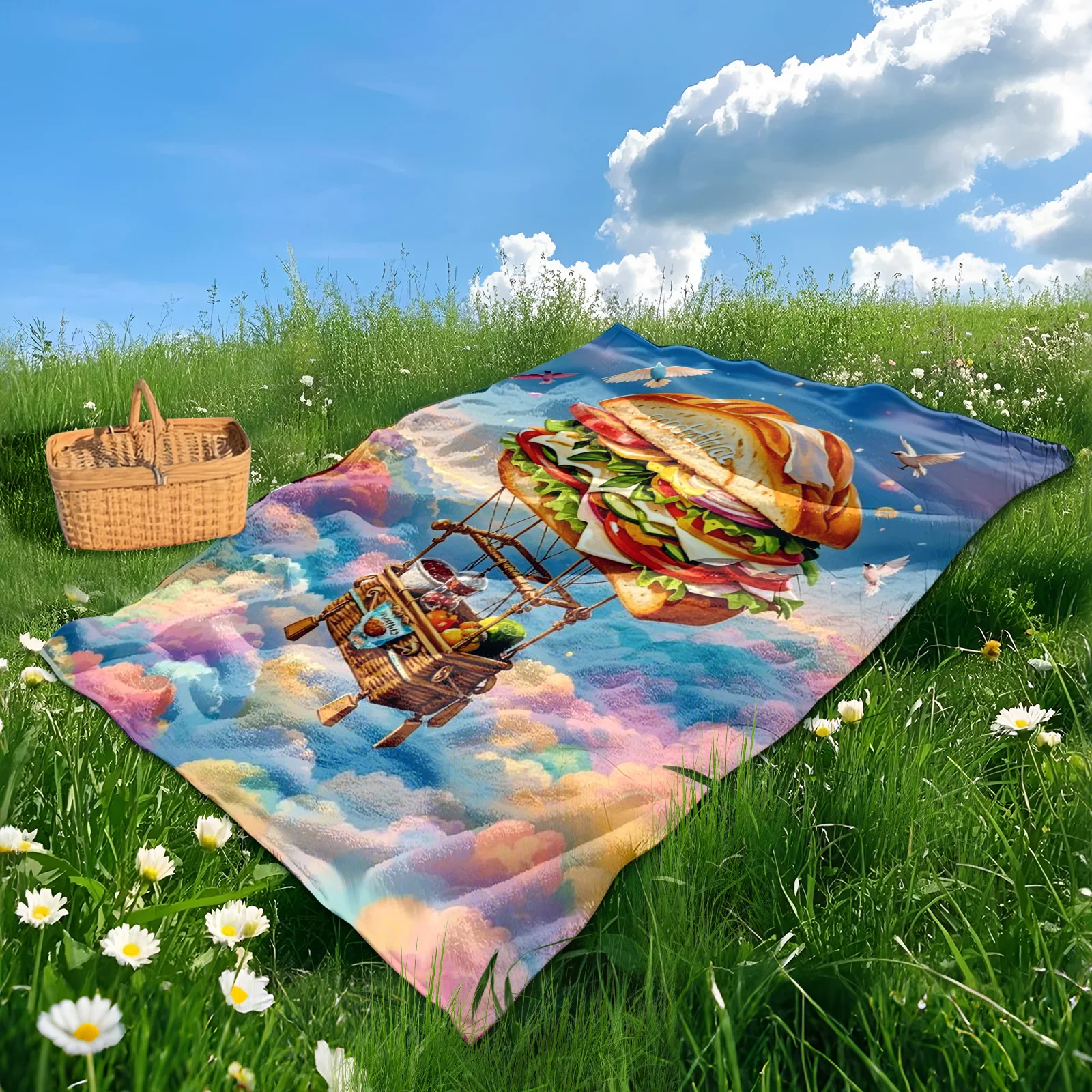 Dreamy Sandwich Rainbow Clouds With Birds And Balloons Outdoor Blanket For Camping Beach Picnic Cozy Decor Gift Idea