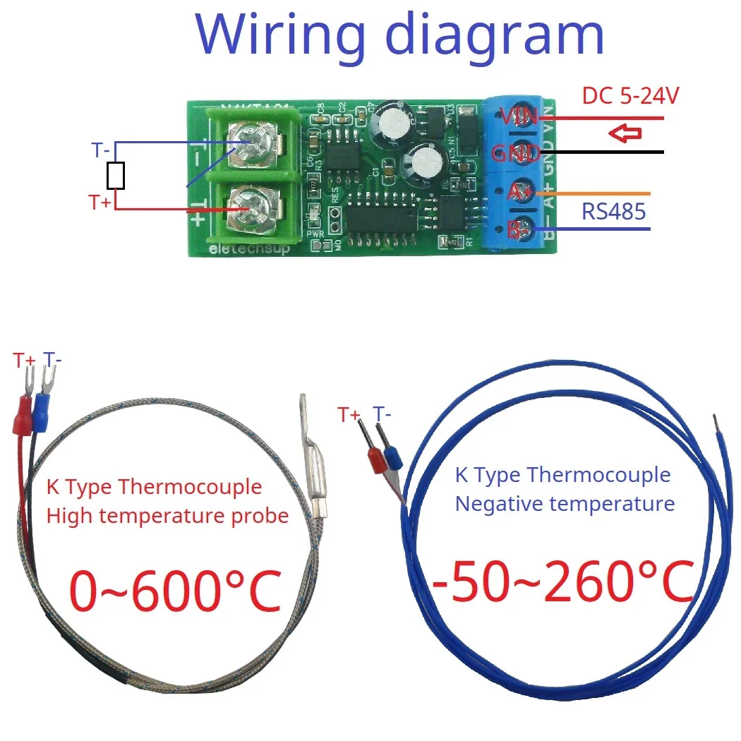 K-Type Thermocouple RS485 Modbus RTU Converter -200 -1350  Celsius  High Accuracy Industrial Temperature Module for PLC