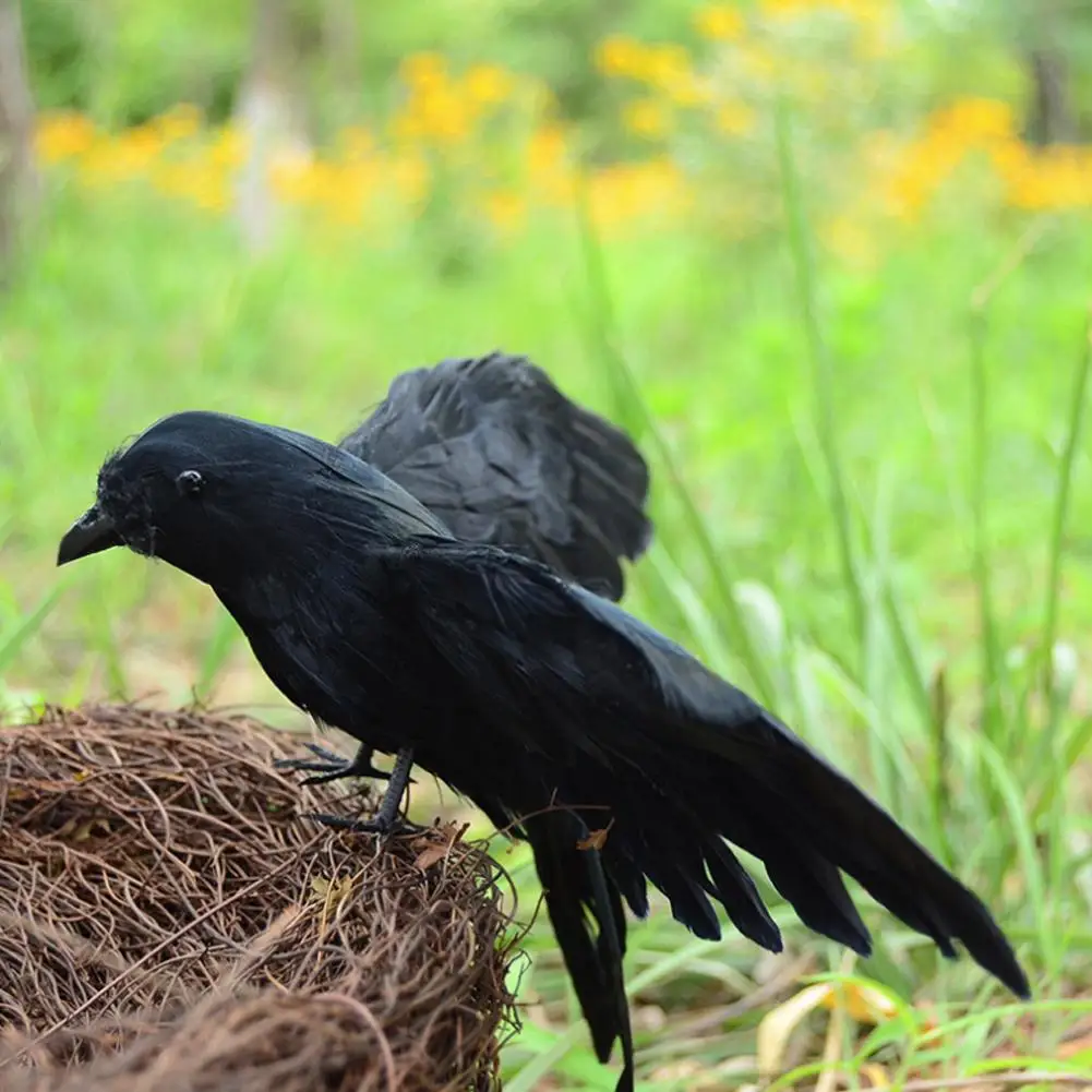 Simulierter schwarzer Krähen-Vogel als Vogelabwehr für den Außenbereich, Garten, Halloween-Party-Requisite, Gothic-Grusel-Dekoration, Ornament – Detail 10