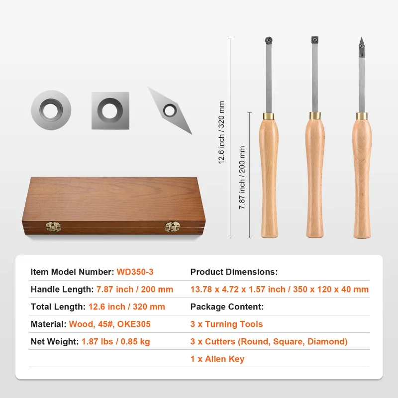 KFFKFF Wood Turning Chisel Trio, 3 Piece Set with Carbide Tips - Square, Round, Diamond Shapes