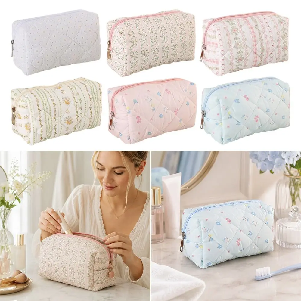 

Portable Soft Cotton Makeup Bag Quilted Floral Print Large Capacity Cosmetic Pouch Toiletry Bag Skincare & Beauty Essentials