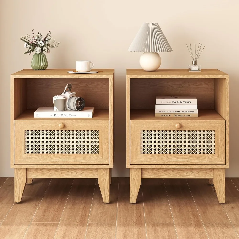 

Oak Rattan Bedside Table, A Set of 2 Rustic Style Bedside Tables with Storage Drawers and Bedroom Open Shelves