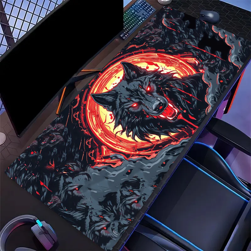 

Большой коврик для мыши на тему Red Moon Black Wolf, настольный коврик с прошитыми краями, резиновые противоскользящие аксессуары для ПК, игровой коврик, коврик для мыши, коврик
