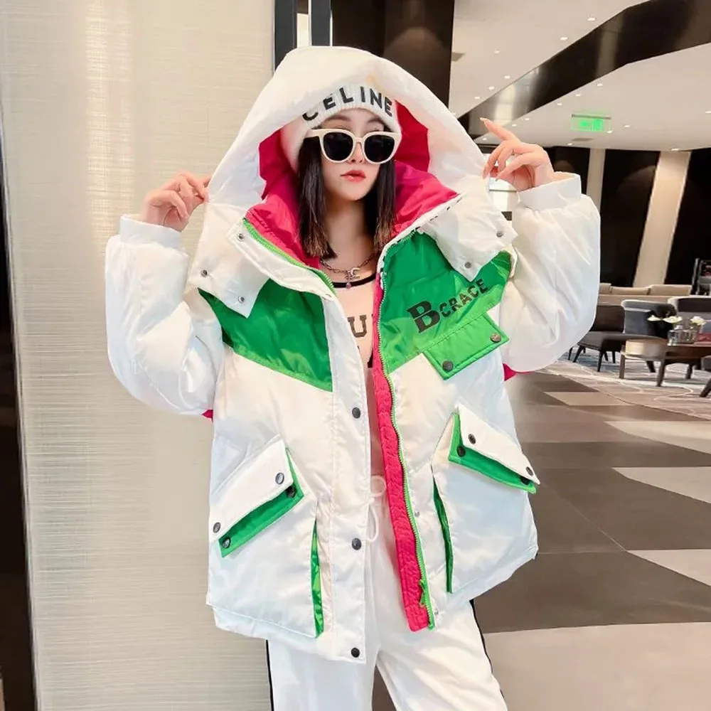Winter Hooded Women Parkas Puffer Jackets Loose Hooded Thicken Warm Coat Fashion Pocket Spliced Female White Cotton Outerwears