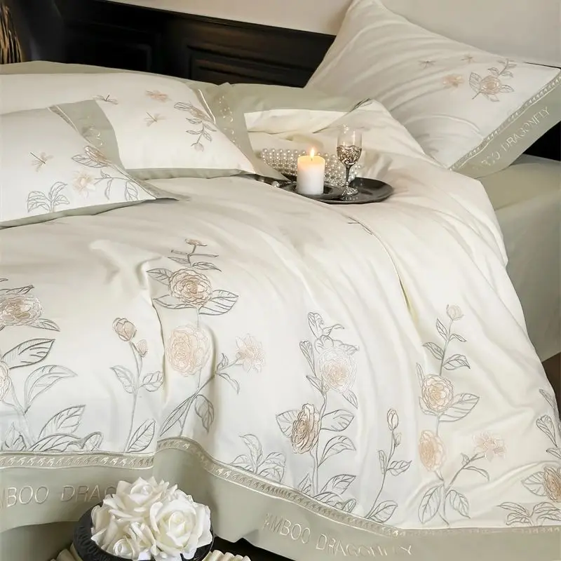 Luxury Rose Flowers Embroidery 1000TC Egyptian Cotton Brushed Bedding Set 1 Duvet Cover Set, 1 Fitted/Flat Sheet, 2 Pillowcases