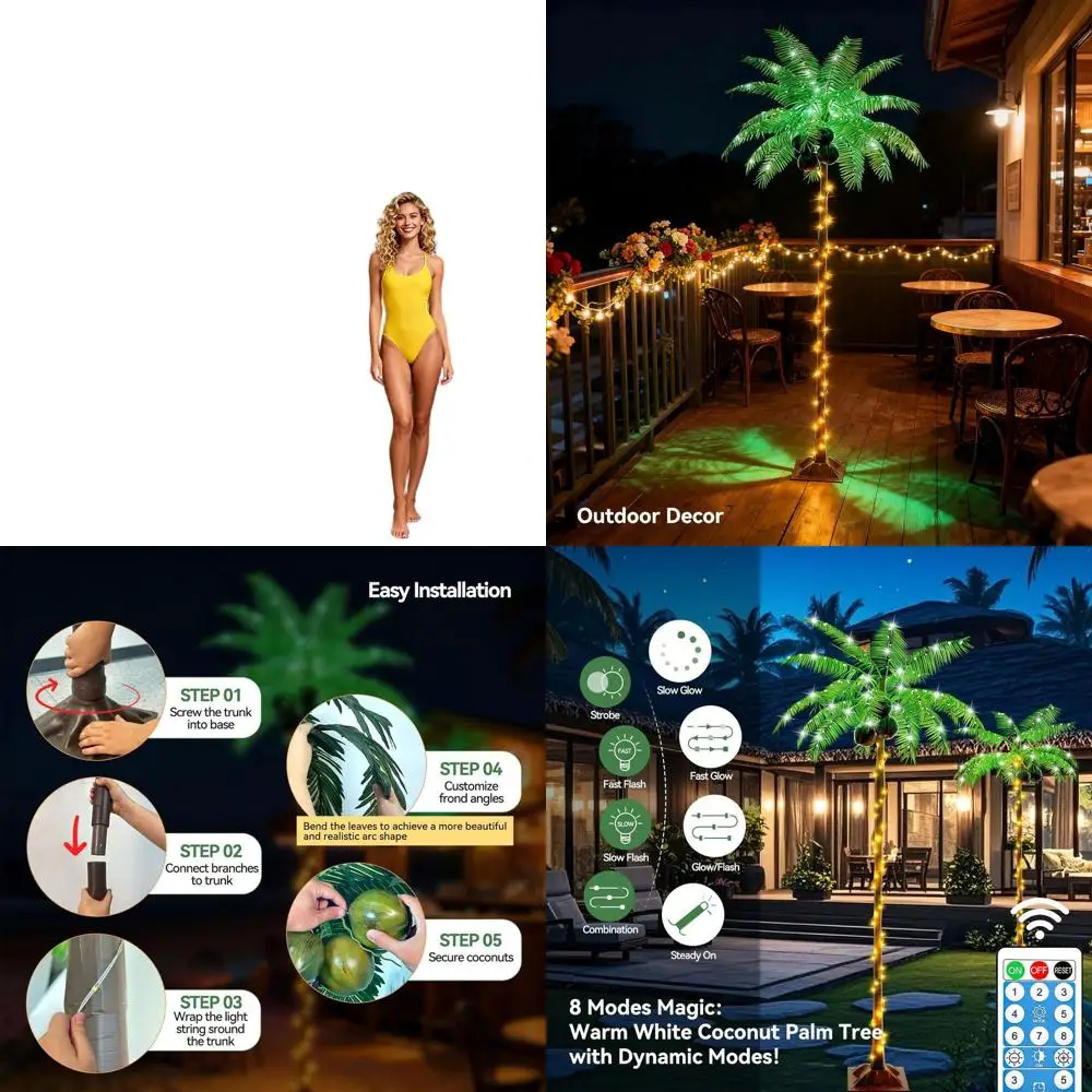 

Рождественская пальма со светодиодной подсветкой на солнечной энергии для улицы, 8 футов, с дистанционным управлением, 5 кокосами, идеально подходит для патио, бара Тики и у бассейна