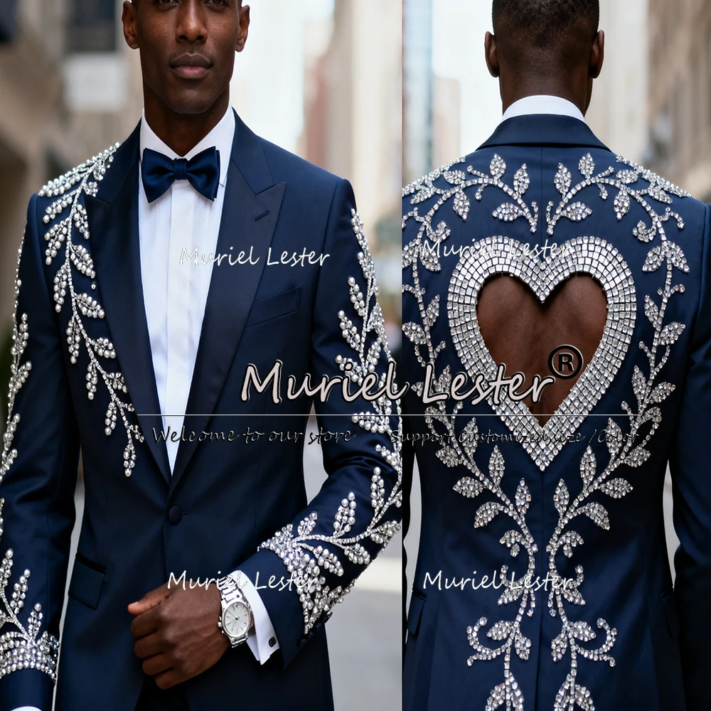 Ternos masculinos com pedras frisadas, design exclusivo, para casamento, 2 peças, conjuntos de blazers de baile, personalizados, smoking de noivo com peito único