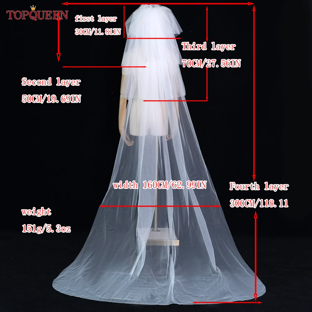 TOPQUEEN V27 velo multicapa para la Iglesia velos de novia cubierta frontal y trasera velo colorete Simple desmontable velo de novia largo