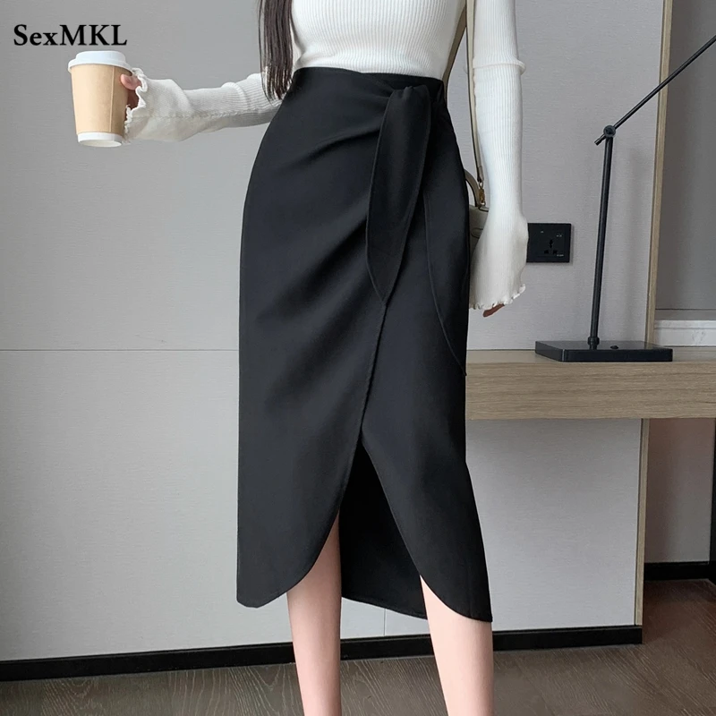 Elegant Office Black Skirts Women 2024 Autumn Winter High Waist Faldas Korean Fashion Clothing Slim Bodycon Mid Length Skirt y2k